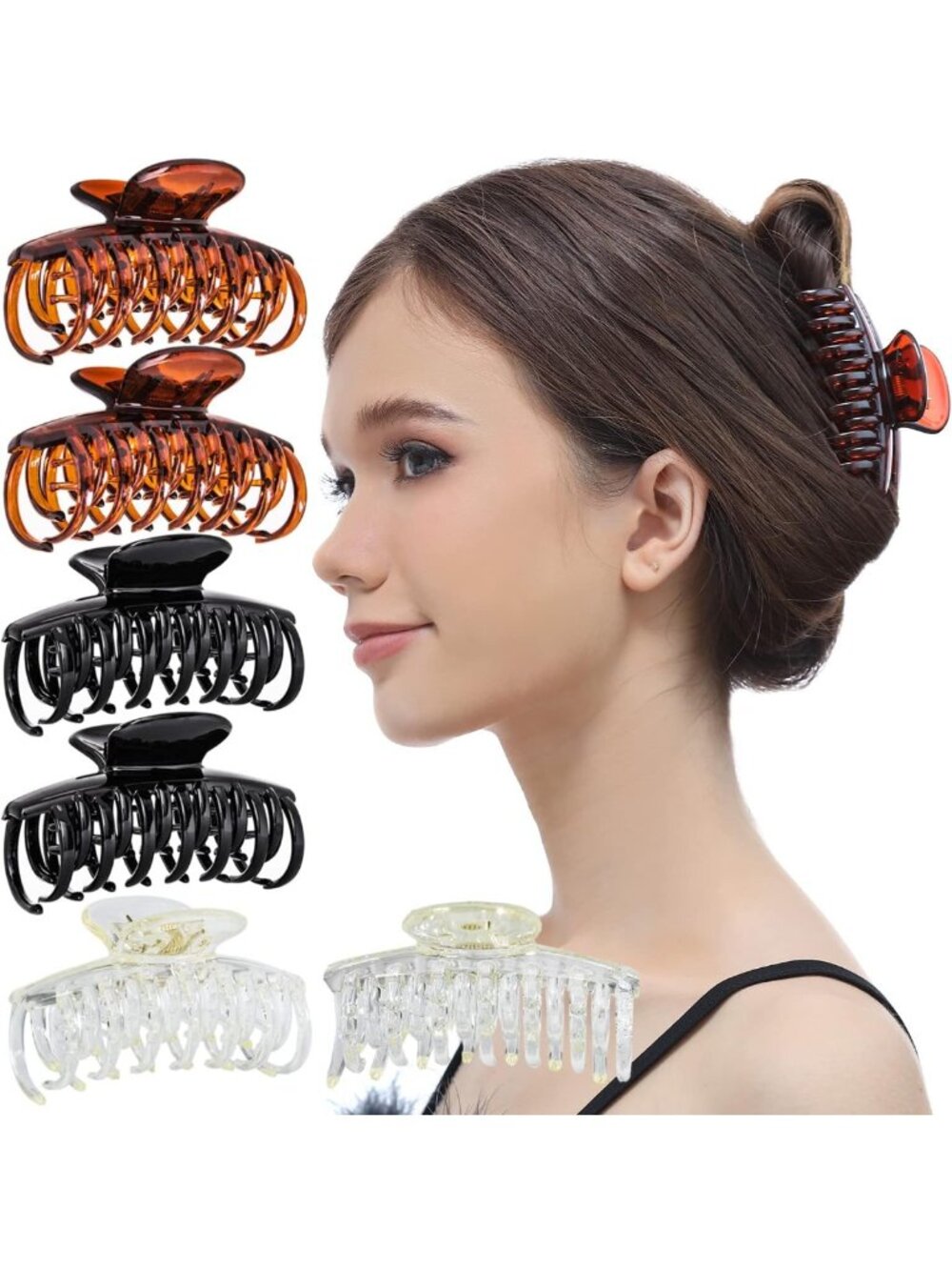 6 Pcs No Slip Double Claw Hair Clips for Women - Medium Brown & Black Set